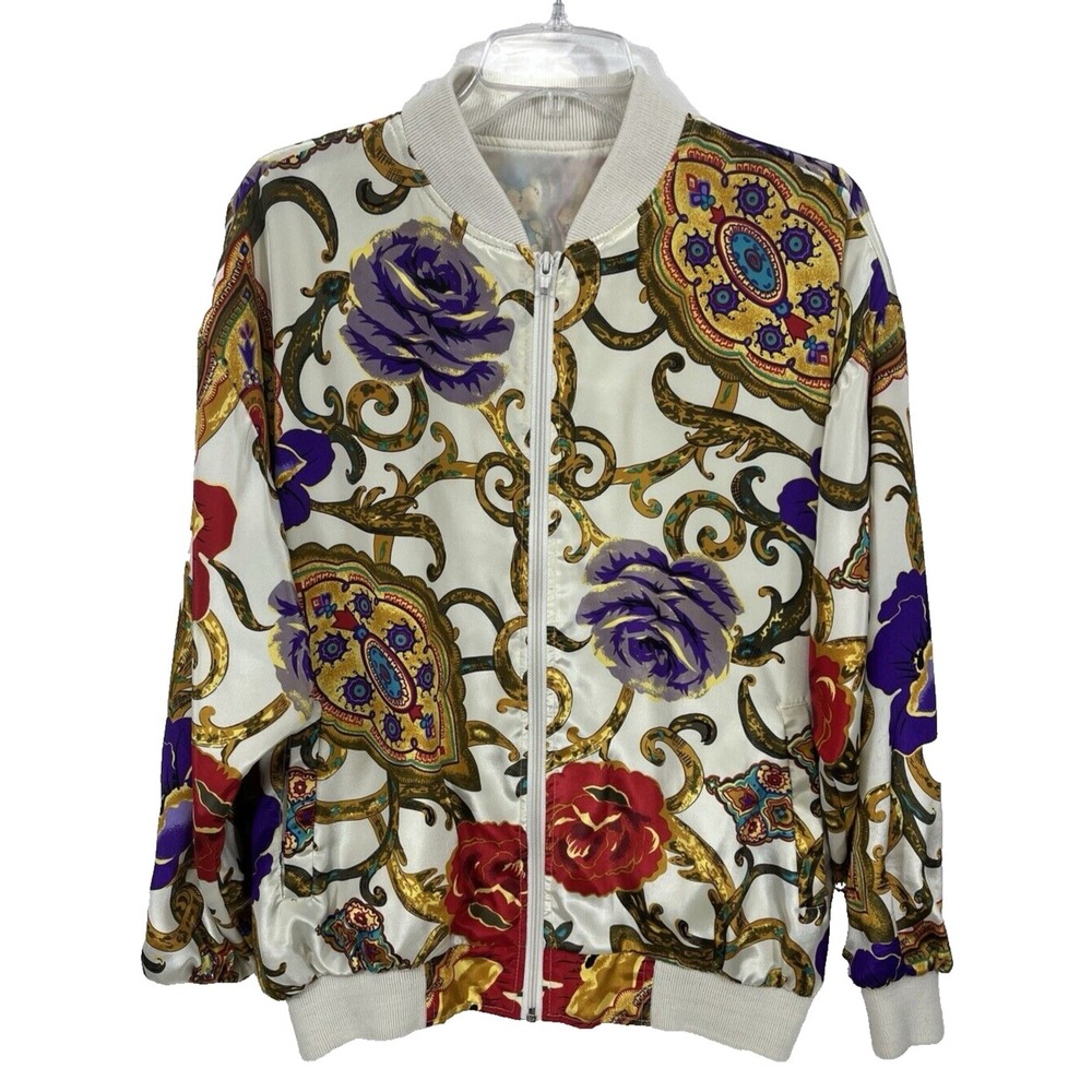 80's Baroque Satin Floral Bomber Jacket Women's One Size Fits Most Zipper Lined